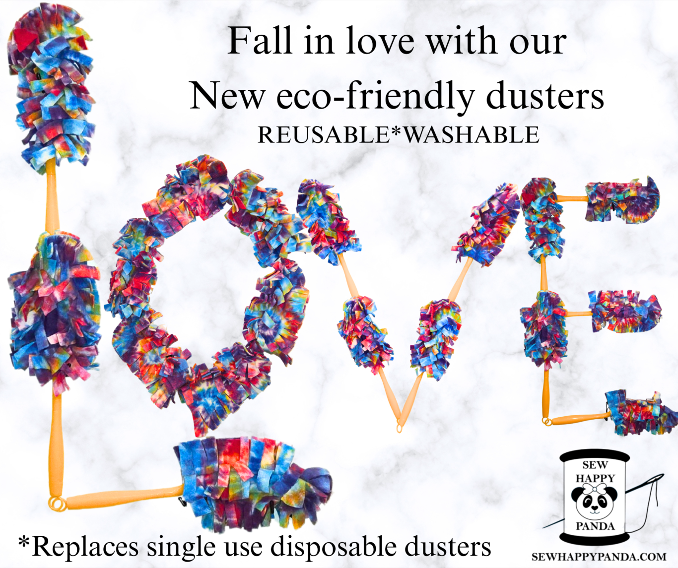 Colorful washable dusters arranged to spell the word LOVE
